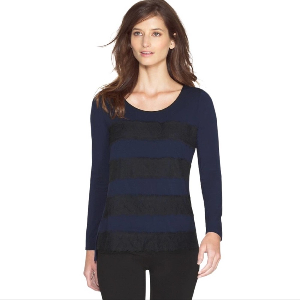 WHBM | Blue Black Lace Stripe Colorblock Long Sleeve Knit Top